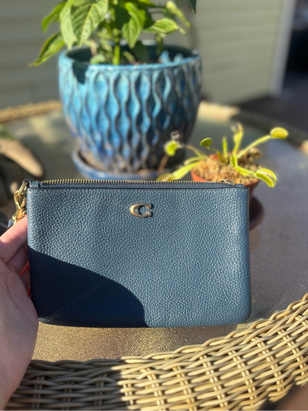 Coach Pebbled Leather Wristlet in Teal with Gold Accent